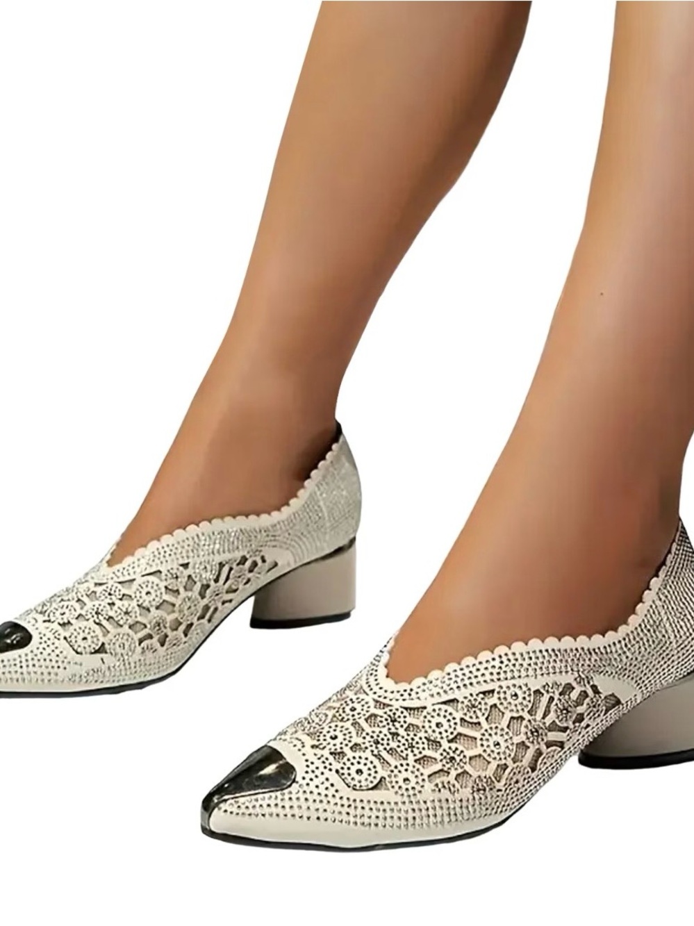 Cream Crochet Pointed Toe Block Heel Pumps with Metallic Tip